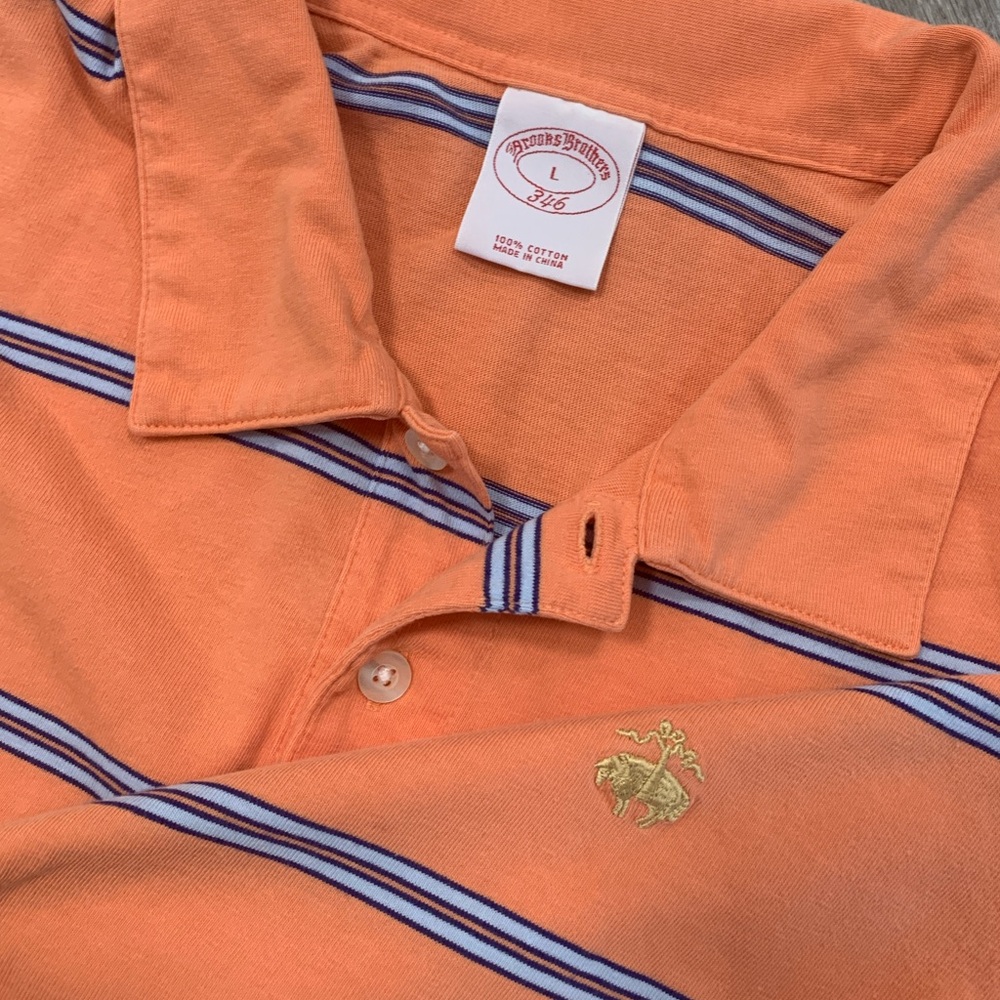 BROOKS BROTHERS Men’s Size L Orange Striped Cotton Polo Short Sleeve‎